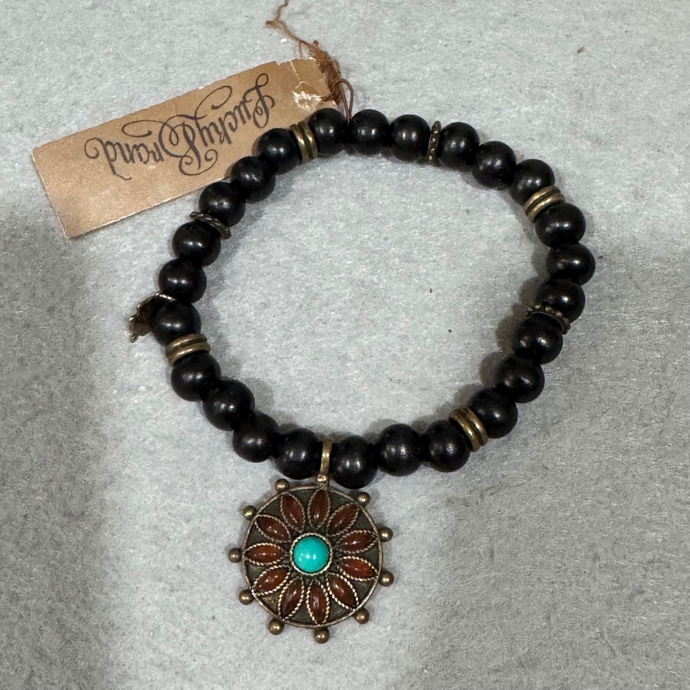 Lucky Brand Beaded Bracelet Womens Black Gold Reversible Turquoise Pendant Boho